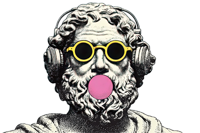 Statue with bubble gum and headphones